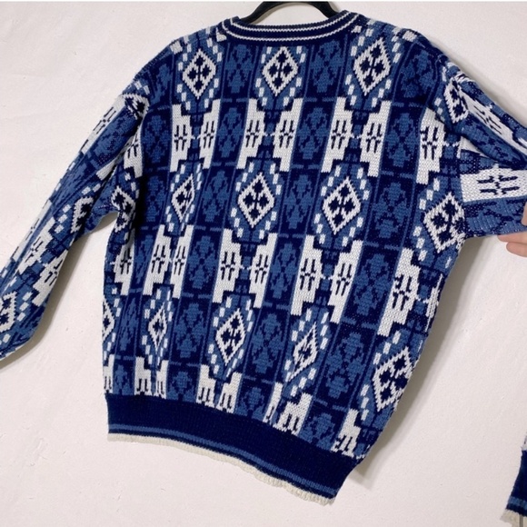 Vintage Botany 500 Blue White Jacquard Crew Neck 80s 90s Dad Sweater L - Picture 11 of 12